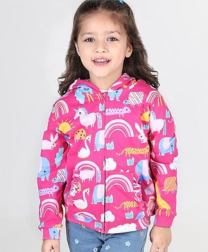 Babyhug Cotton Knit Full Sleeves Front Open Sweatjacket with Hood Animal & Rainbow Print- Pink