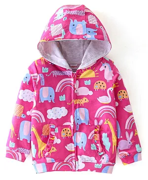 Babyhug Cotton Knit Full Sleeves Front Open Sweatjacket with Hood Animal & Rainbow Print- Pink
