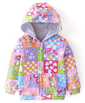 Babyhug Cotton Knit Full Sleeves Front Open Sweatjacket with Hood Animal & Floral Print- Multicolour