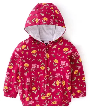 Babyhug Cotton Knit Full Sleeves Front Open Sweatjacket with Hood & Floral Print - Maroon