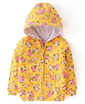 Babyhug Cotton Knit Full Sleeves Front Open Sweatjacket with Hood & Floral Print - Yellow