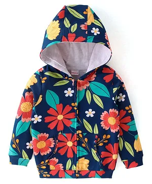 Babyhug Cotton Knit Full Sleeves Front Open Sweatjacket with Hood & Floral Print - Navy Blue