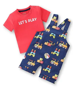 Babyhug 100% Cotton Knit Dungaree & Half Sleeves T-Shirt Set With Vehicle Print - Blue & Red