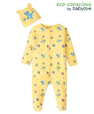 Babyoye 100% Cotton With Eco Jiva Finish Full Sleeves Sleep Suits & Cap With Dino Print - Yellow