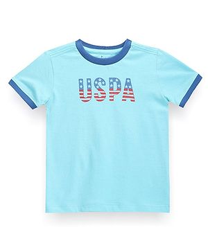 US Polo Assn Knitted Half Sleeves T-Shirt With Text Print - Light Blue
