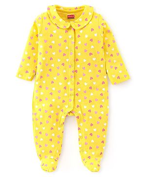 Babyhug Interlock Cotton Knit Full Sleeves Heart Printed Footed Sleepsuit - Yellow