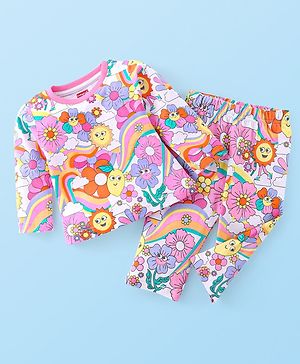 Babyhug Cotton Knit Full Sleeves Night Suit Rainbow Print - White