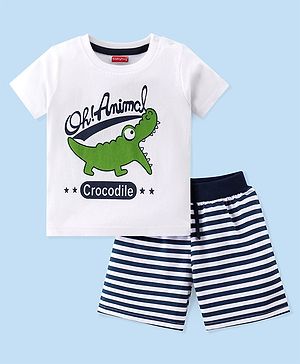 Babyhug Cotton Knit Half Sleeves Night Suit Crocodile Print - White