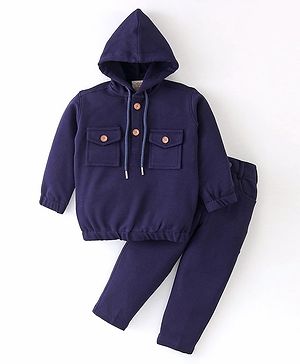 Rikidoos Full Sleeves Self Design Pocket Detailed Cotton Solid Jacket With Pant - Navy Blue