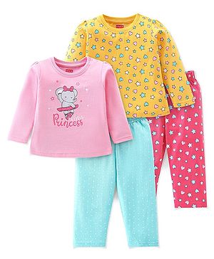Babyhug Cotton Knit Full Sleeves Night Suit With Star & Elephant Print Pack Of 2 - Pink & Blue