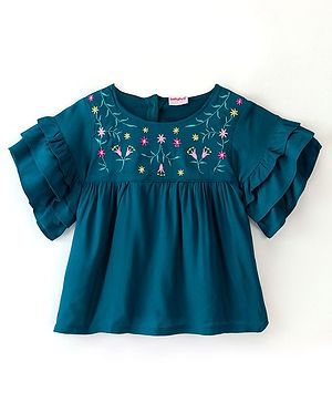 Babyhug Rayon Half Sleeves Woven Top with Floral Embroidery & Frill Detailing - Blue