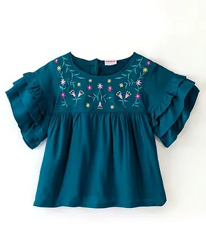 Babyhug Rayon Half Sleeves Woven Top with Floral Embroidery & Frill Detailing - Blue