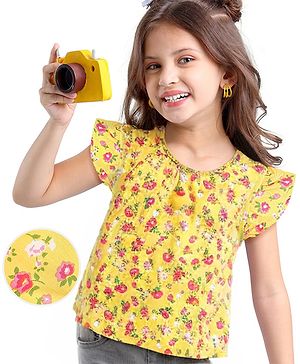 Babyhug Rayon Half Sleeves Woven Top with Frill Detailing & Floral Printed - Mustard Yellow
