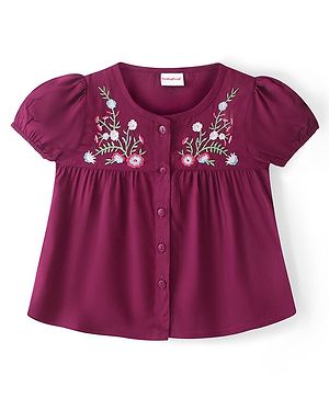 Babyhug Rayon Woven Half Sleeves Top with Floral Embroidery -Maroon
