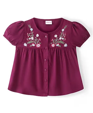 Babyhug Rayon Woven Half Sleeves Top with Floral Embroidery -Maroon