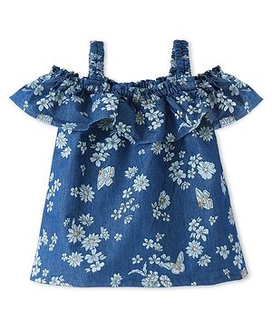 Babyhug Denim Woven Half Sleeves  Top With Floral Print - Blue