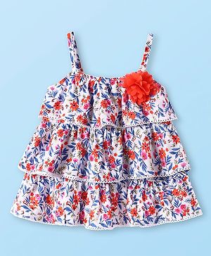 Babyhug 100% Rayon Woven Sleeveless Top with Lace Detailing & Floral Print - White
