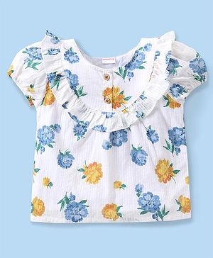 Babyhug Rayon Woven Half Sleeves  Top with Floral Print & Frill Detailing - Off White