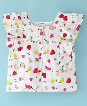 Babyhug Rayon Woven Sleeveless Top With Frill Detailing & Fruits Print - White