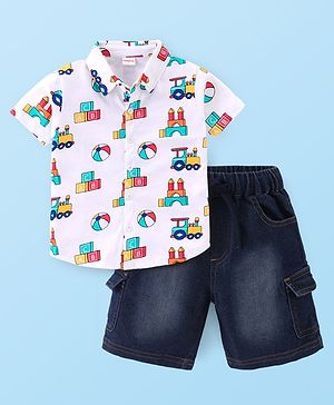 Babyhug Cotton Knit Half Sleeves Shirt & Denim Shorts Set With Toys Print - White Blue