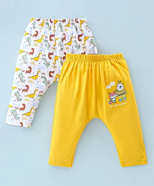 OHMS Cotton Single Jersey Knit Full Length Diaper Legging Dino Print Pack Of 2 - Yellow & White