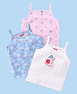 Babyhug 100% Cotton Sleeveless Slips Cherry & Floral Print Pack of 3- Pink Blue & White