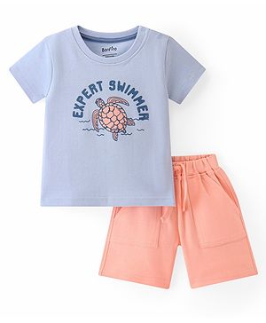 Bonfino 100% Cotton Knit Half Sleeves T-Shirt And Shorts Set With Turtle Print - Light Blue & Peach