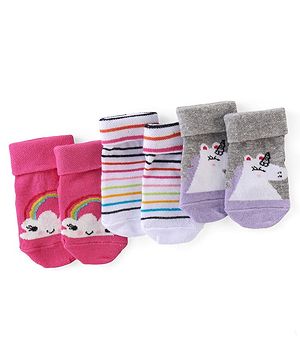 Cute Walk by Babyhug Anti Bacterial Anti Skid Ankle Length Socks Stripes & Unicorn Design Pack Of 3- Multicolor