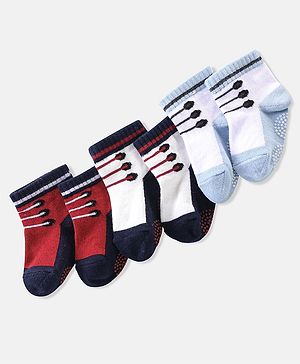 Cute Walk By Babyhug Anti Bacterial Anti Skid Ankle Length Socks Lace Print Pack Of 3 - Red Pink & Blue
