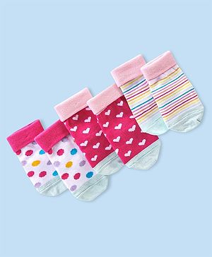 Cute Walk By Babyhug Anti-Bacterial & Anti- Skid Ankle Length with Striped & Heart & Dot Design Socks Pack of 3- Multicolour
