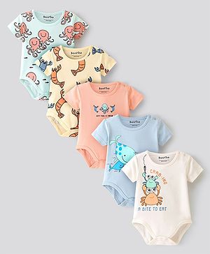 Bonfino Cotton Knit Half Sleeves Onesies Octopus Lobster & Carb Print Pack of 5 - Multicolour