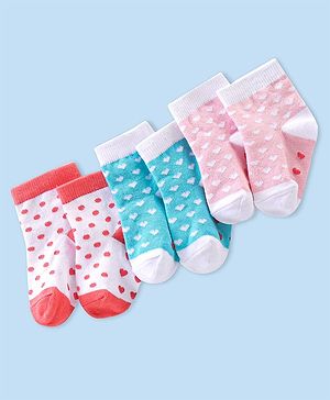 Cute Walk By Babyhug Anti-Bacterial & Anti- Skid Ankle Length with Heart & Dot Design Socks Pack of 3- Multicolour