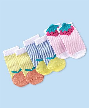 Cute Walk By Babyhug Anti-Bacterial & Anti- Skid Ankle Length with Fruit & Striped Design Socks Pack of 3- Multicolour