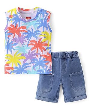 Babyhug Cotton Knit Sleeveless T-Shirt & Shorts Set With Tropical Print - Multicolor