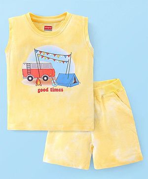 Babyhug 100% Cotton Sleeveless T-Shirt & Shorts With Camp Theme Print - Yellow
