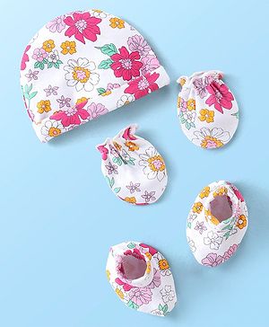 Babyhug 100% Cotton Knit Cap Mittens & Booties With Floral Print White - Diameter 10 cm