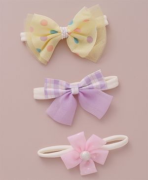 Babyhug Free Size Bow & Flower Headband Checked Polka Dot Print Pack of 3 - Yellow Purple & Light Pink