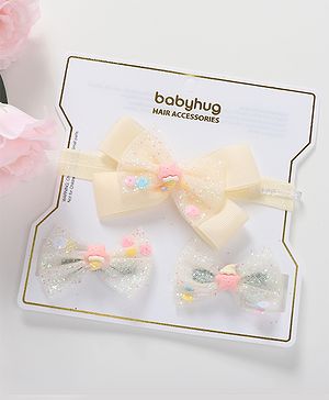 Babyhug Headband & Hair Clips Set with Bow Applique - Beige