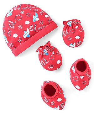 Babyhug 100% Cotton Knit Cap Mittens & Booties With Aircraft Print Pink - Diameter 10 cm