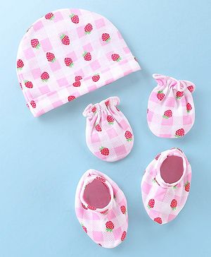 Babyhug 100% Cotton Knit Cap Mittens & Booties With Strawberry Print Pink - Diameter 11.5 cm