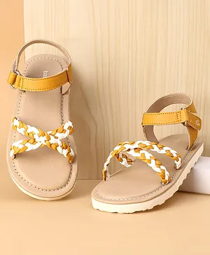 Babyoye Solid Sandals With Velcro Closure & Braid Straps - Mustard