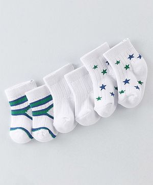 Cute Walk By Babyhug Anti Bacterial Terry Ankle Length Socks Pack Of 3 Striped - White