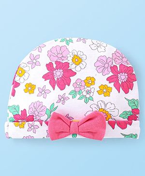 Babyhug 100% Cotton Knit Cap With Bow Applique Floral Print -Multicolor