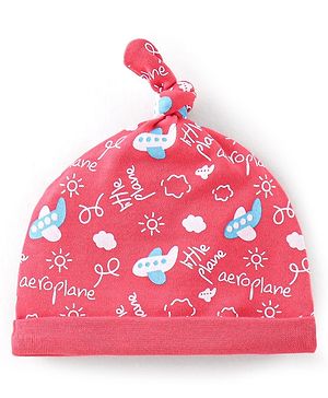 Babyhug 100% Cotton Knit Cap Air Plane Print- Red