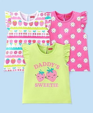 Babyhug Cotton Knit Frill Sleeves Floral & Cherries Printed T-Shirts Pack of 3 - Multicolour