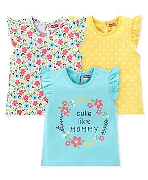 Babyhug Cotton Knit Sleeveless T-Shirt with Frill Floral & Dot Graphics Pack of 3- Blue & Yellow