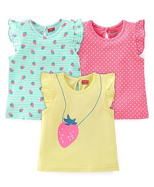 Babyhug Cotton Knit Frill Sleeves Strawberries & Polka Dots Printed T-Shirts Pack of 3 - Multicolor