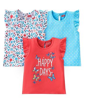 Babyhug Cotton Knit Sleeveless T-Shirt with Frills Floral & Dot Graphics Pack of 3- Blue & Red