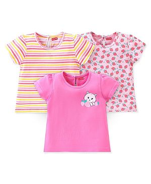Babyhug Cotton Knit Half Sleeves Striped & Kitty Printed T-Shirts Pack of 3 - Multicolour