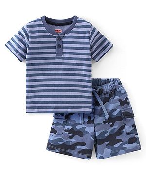Babyhug 100% Cotton Knit Striped T-Shirt & Shorts Set - Blue